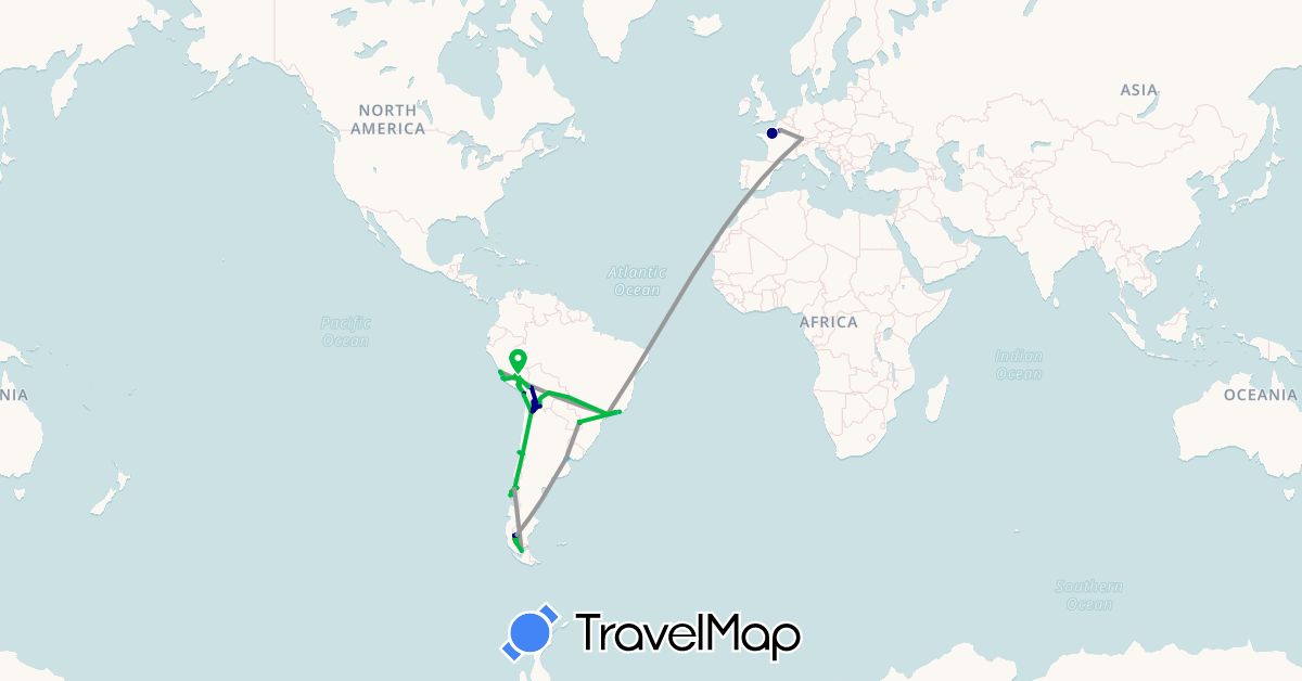 TravelMap itinerary: driving, bus, plane, hiking, boat in Argentina, Bolivia, Brazil, Switzerland, Chile, France, Peru, Uruguay (Europe, South America)